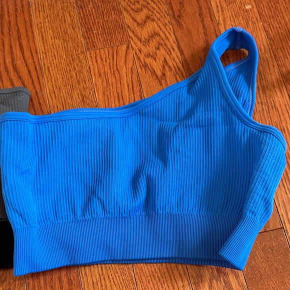 Blue One-Shoulder Ribbed Top - Picture 2 of 4